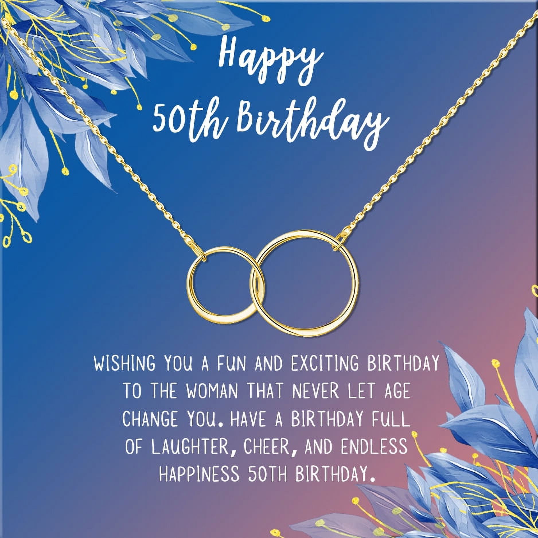 Anavia Happy 50st Birthday Gifts Stainless Steel Fashion Necklace Birthday Card Jewelry Gift for Her, Birthday Gift for Grandma-[Gold Infinity Double Ring, Blue-Orange Gift Card]