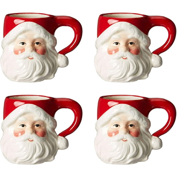 Christmas Ceramic Classic Santa Heads Beverage Drinking Mugs, Red & White, Set of 4, Medium, 5.5" x 3.9" x 4.1"