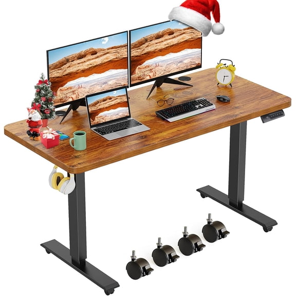 ZMSHOP 48"x24" Electric Standing Desk, Adjustable Height Sit Stand Up Computer Desk w/4 Memory Presets, 27"-46" Lift, Hooks, Brown for Home/Office