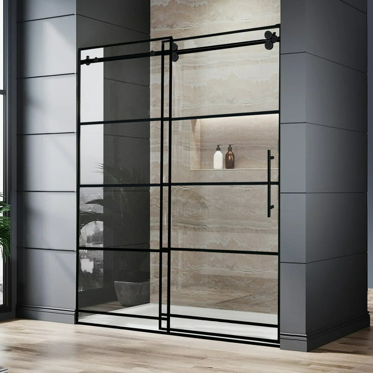 Madeira Series Grid Pattern Shower Screen with Enduroshield 24 X 76 inch  Fixed 3/8 Thick Clear Tempered Glass in Matte Black By Fab Glass and Mirror