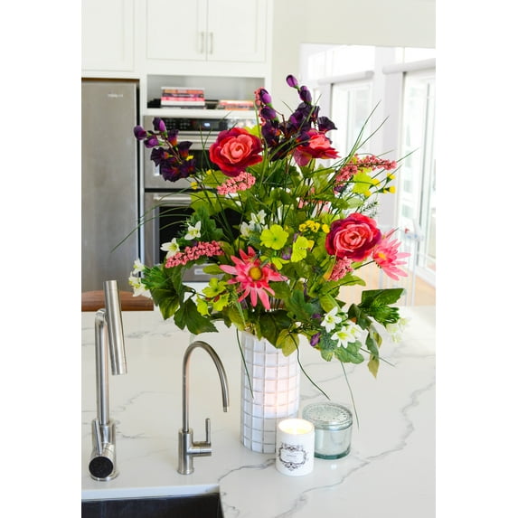 Admired By Nature 30 Stems Artificial Dahlia, Morning Glory & Ranunculus & Blossom Fillers Mixed Bush, Garden Mix