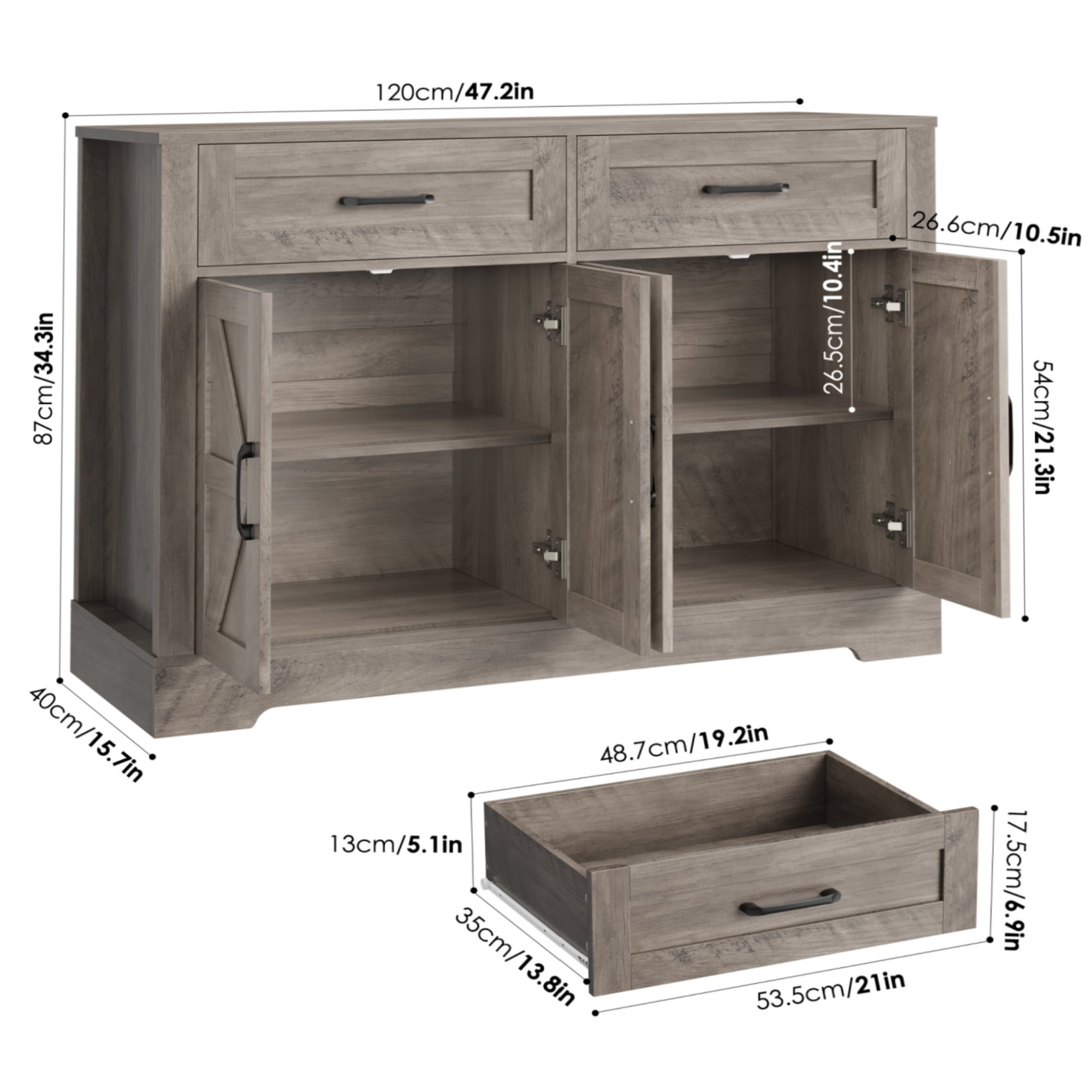 Homfa Buffet Cabinet with 2 Drawers and 4 Doors, Kitchen Sideboard Storage Cabinet, Farmhouse Coffee Bar Cabinet for Dining Room, White & Brown, Gray