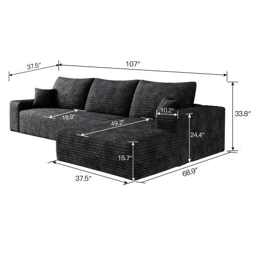 107" Black Plush Corduroy Modular Sectional Sofa with Reversible L-Shape Chaise and Deep Seat, No Assembly Cloud Couch