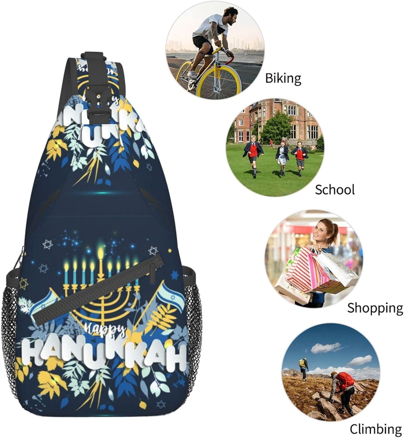 Happy Hanukkah Jewish Chanukah Holiday Sling Bag Crossbody Hiking Travel Chest Bags Backpack Shoulder Daypack for Women Men