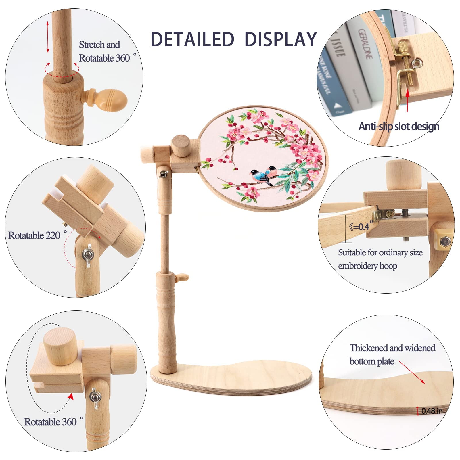 SPOKKI Beech Wood Embroidery Stand with 6 & 8 Inch Hoops, Adjustable Height & 360° Rotatable Cross Stitch Frame, Lap Stand for Hand Embroidery, Needlework Craft (Sturdy & Portable