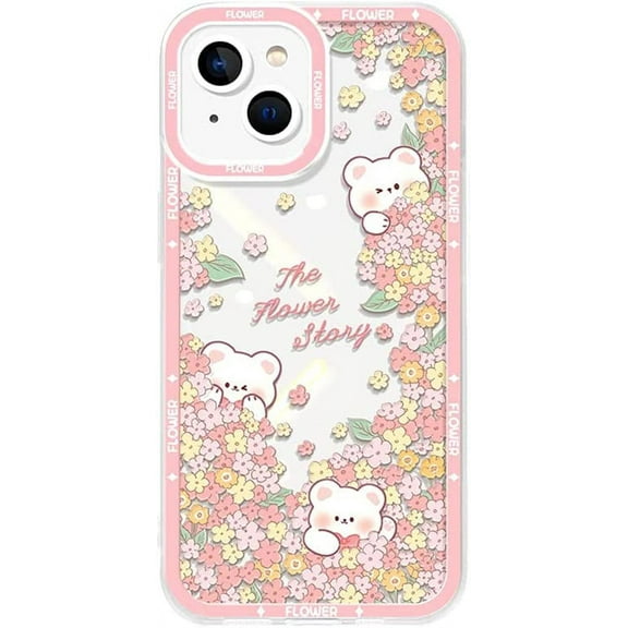 Pink Flower Case for iPhone 13 Kawaii Bear Design, Cute Floral Girly Case for iPhone 13 with Camera Protection, Clear Women Case for iPhone 13 Soft TPU Protective Case (Pink)