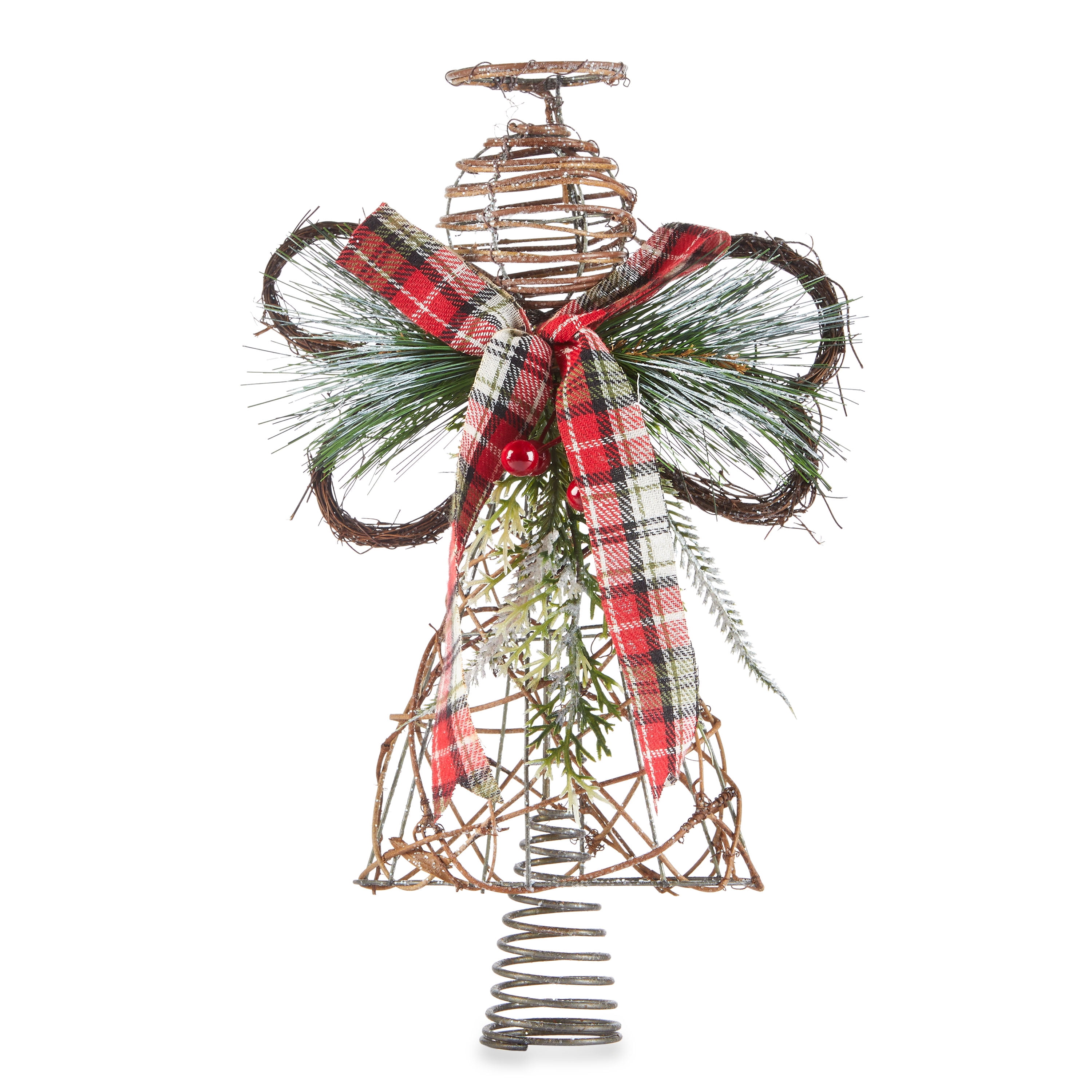 Holiday Time Natural Rattan Angel with Plaid Bow Christmas Tree Topper