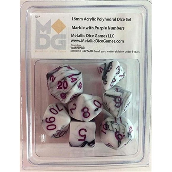 Metallic Dice Games LIC1037 16mm Acrylic Black & White Marble with Purple Mint Dice & Dice Bags