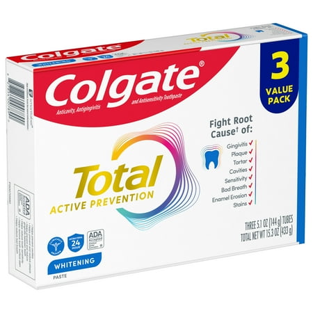 Colgate Total Active Prevention Whitening Toothpaste, Mint, 3 Pack, 5.1 oz