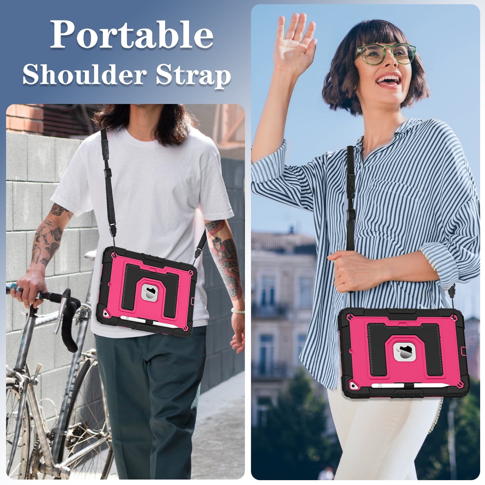 ELEHOLD 3-Layer Rugged Case For Apple iPad Mini 7th 6th Generation Heavy Duty Shockproof Cover, [Drop Protection], [Logo Visible], With Kickstand & Pencil Holder & Shoulder Strap, Black+Rose