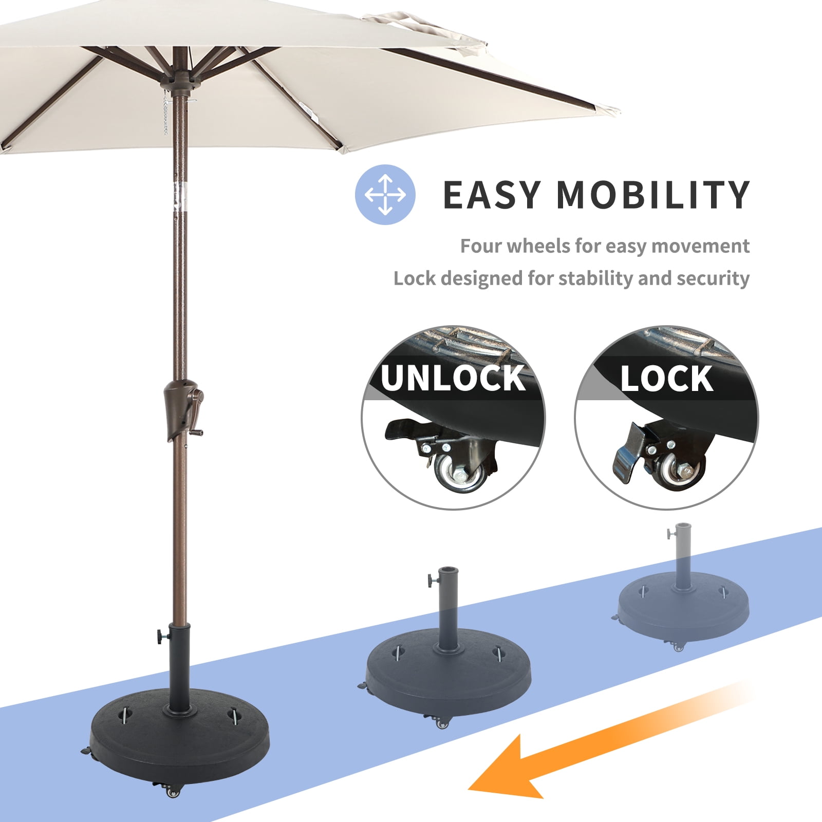 Patio Umbrella Base with Lockable Wheels, 52lbs Heavy-Duty Stand Resin Weights for Outdoor Market Umbrella, Black