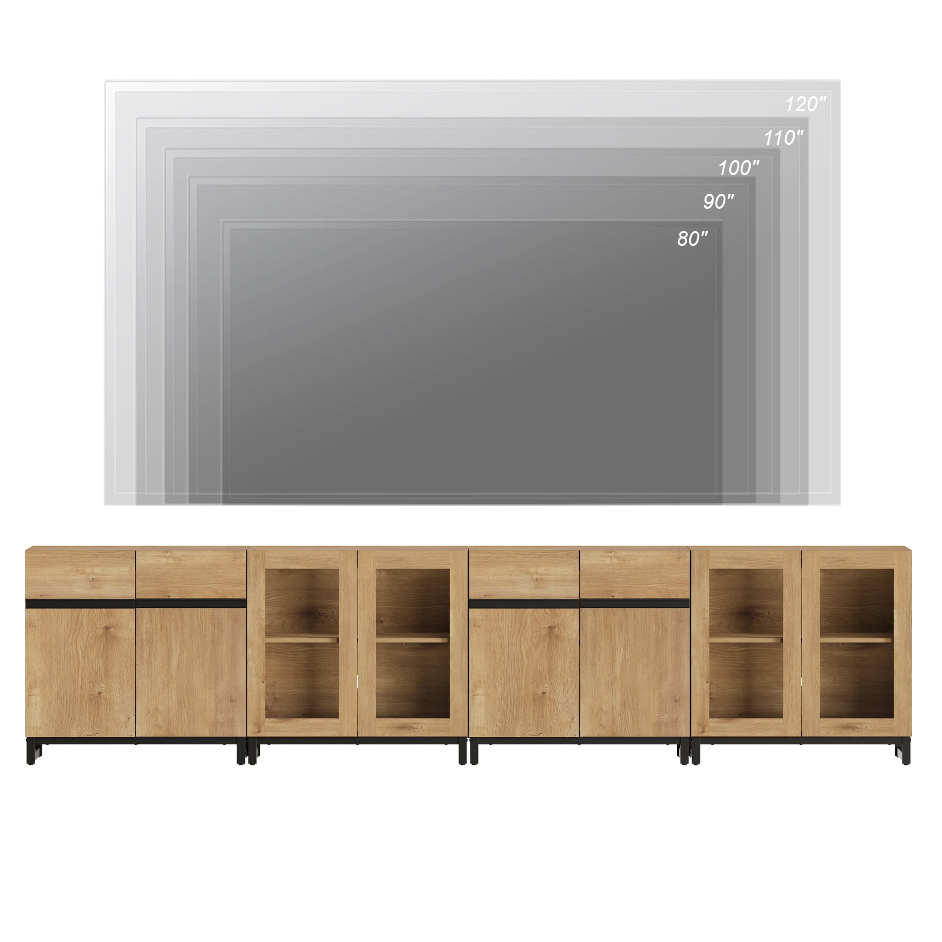 4 In 1 TV Stand For Tvs Up To 120 Inches, Modern Entertainment Center With Glass Doors And Metal Legs, TV Console With Adjustable Shelf,Oak
