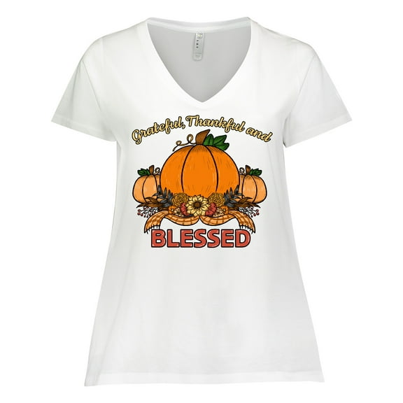 Inktastic Thankful Grateful and Blessed Pumpkins and Sunflower Women's Plus Size V-Neck T-Shirt