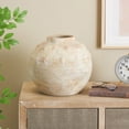 thumbnail image 2 of DecMode 11" Antique Short Wide Beige Ceramic Vase with Shades of Pink, 2 of 9