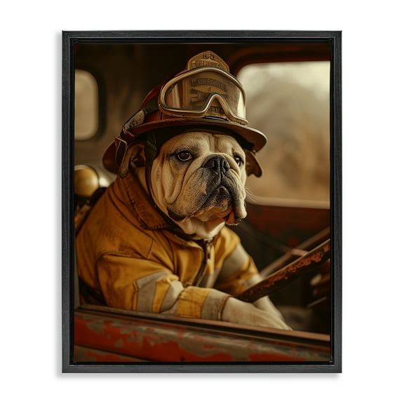Stupell Industries Rustic Bulldog Fireman Novelty Painting Black Floater Framed Canvas Art Print Wall Art, 17 x 21