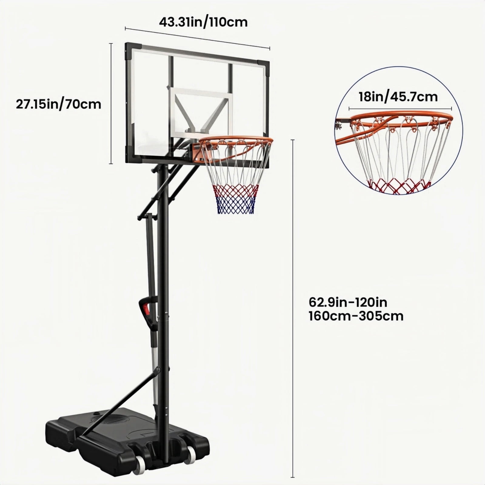 Bexfil Portable Basketball Hoop System,  44" Shatterproof Backboard, Adjustable Height 5-10FT, Outdoor Indoor Basketball Goal with Wheels & Weight Bag for Kids Teens Adults