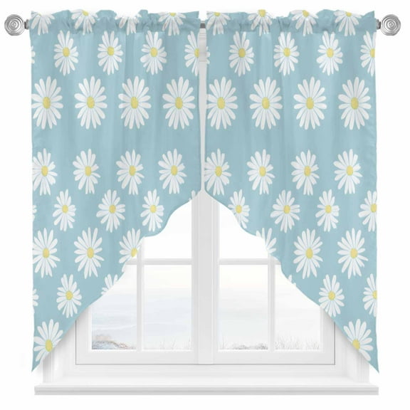 Retro Daisy Swag Valances for Windows 2 Pack White Floral Blue Backdrop Swag Kitchen Curtains 63 Inches Long Rod Pocket Short Window Treatment for Kitchen Bathroom 36"x63"