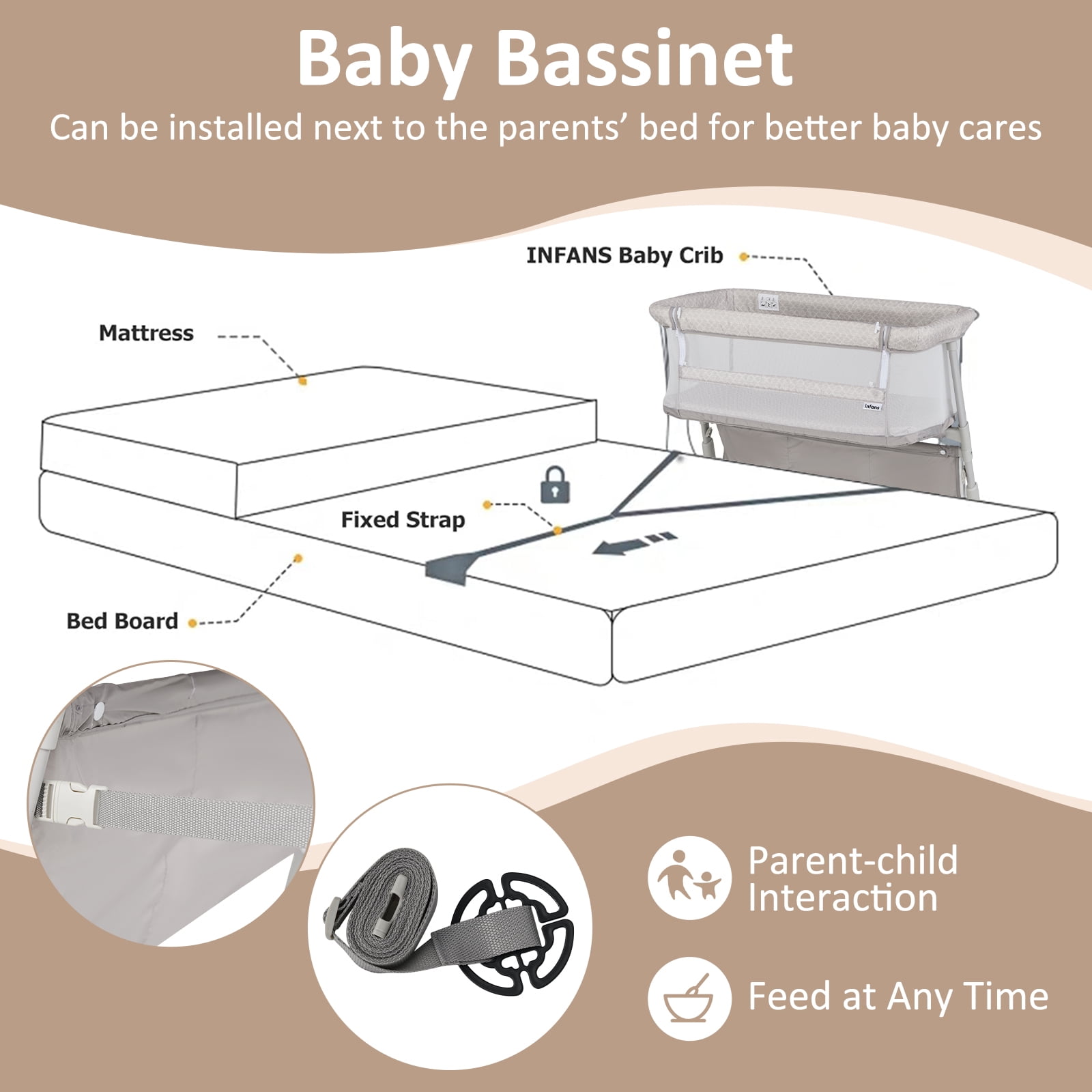 INFANS Baby Bedside Bassinet, Over-Bed Baby Bassinet with Adjustable Height, Safe Close Sleeping, Storage, Lowering Wall for Easy Access, Newborn Girls Boys Aged 6-18 Months