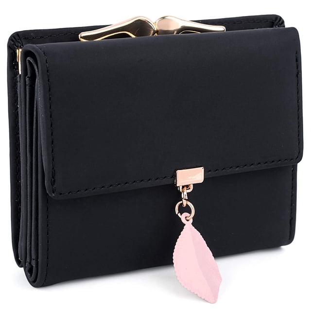 ZHAOCHENG Cartera pequeña para mujer de piel sintética con colgante de hoja, tarjetero, organizador, monedero, color negro