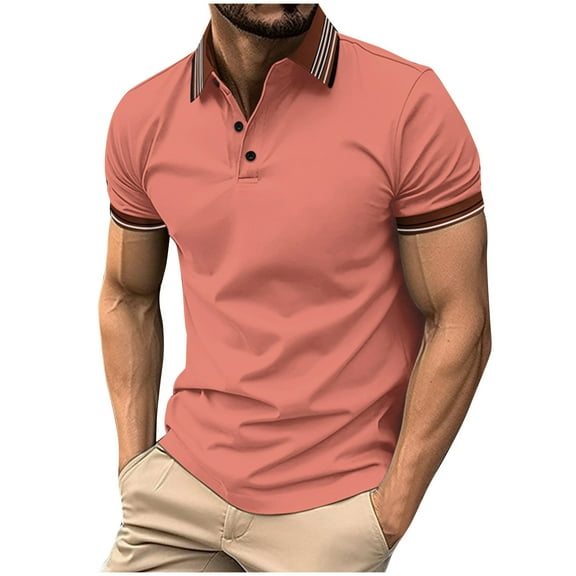 MIUOWANP Men's Short Sleeve Dressy Shirt Classic Print Simplicity Button Lapel Business Casual Striped Blouse Size L(8)Hot Pink