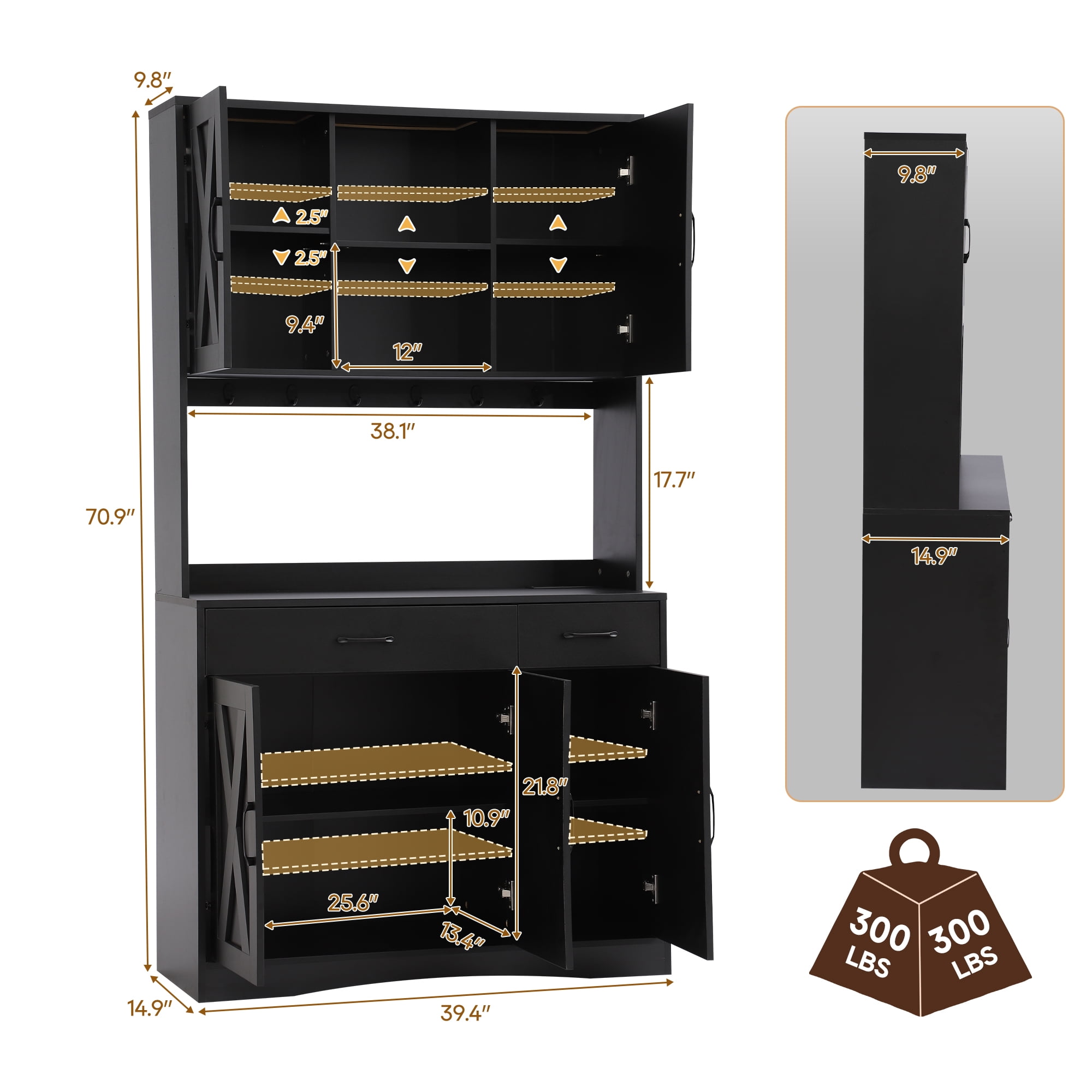 Haverchair 71" Kitchen Pantry Storage Cabinet, Farmhouse Hutch Cabinet with Microwave Stand, Tall Food Pantry Cabinets w/2 Drawers & 6 Hooks, Charging Station, Storage Cabinets for Dining Room