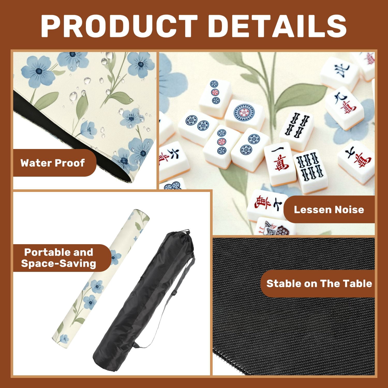 Mahjong Mat 31.5" x 31.5" Blue Floral Green Leaves Cream Watercolor Style Non-Slip Noise Reduction American Mahjong Tiles Table Cover for Dominoes Poker Card Board Games Gift