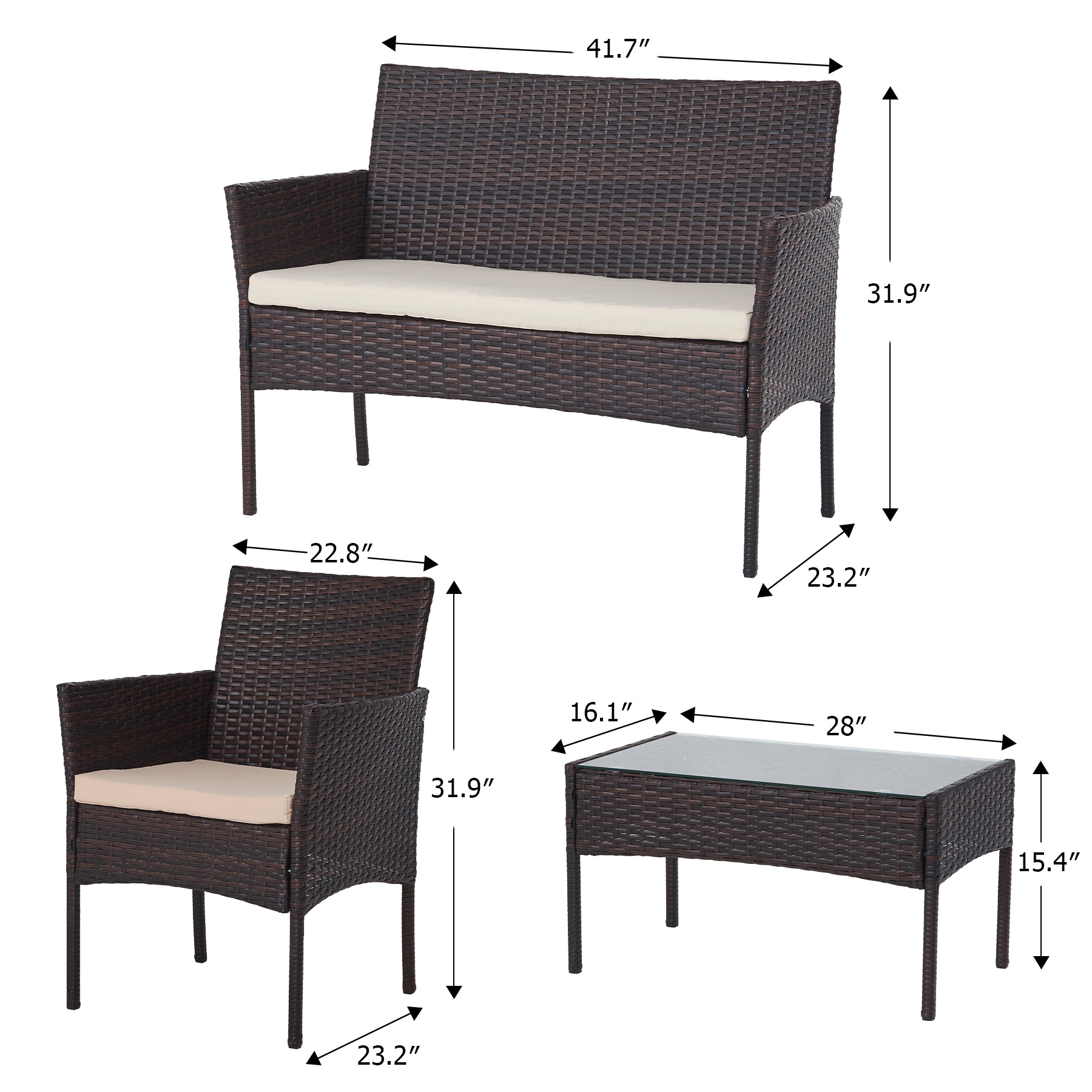 Preenex 4 Pieces Patio Chair Garden Furniture Set for Backyard Lawn Porch Poolside Balcony with Coffee Table, Walnut & Beige