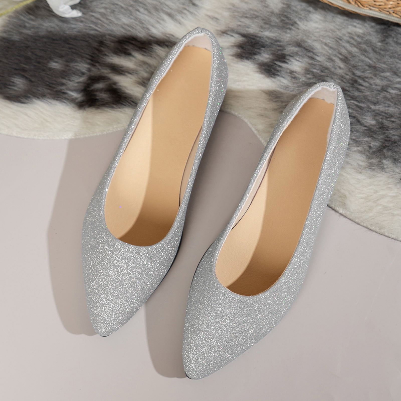 Microsoft - Silver Ballet WOMENS SILVER GLITTER BALLET FLATS COMFORT CASUAL CAREER