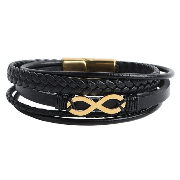 Pulsera para hombre, estilo sencillo, con hebilla magnética, de oro negro y varias capas, hecha a mano, de cuero trenzado