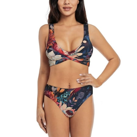 Zeuib Colorful Flower Peacock High Waisted Tummy Control Bikini Set - Knot Front Push Up Top & Cheeky Thong Bottom  Two-Piece Swimsuit for Women-Medium