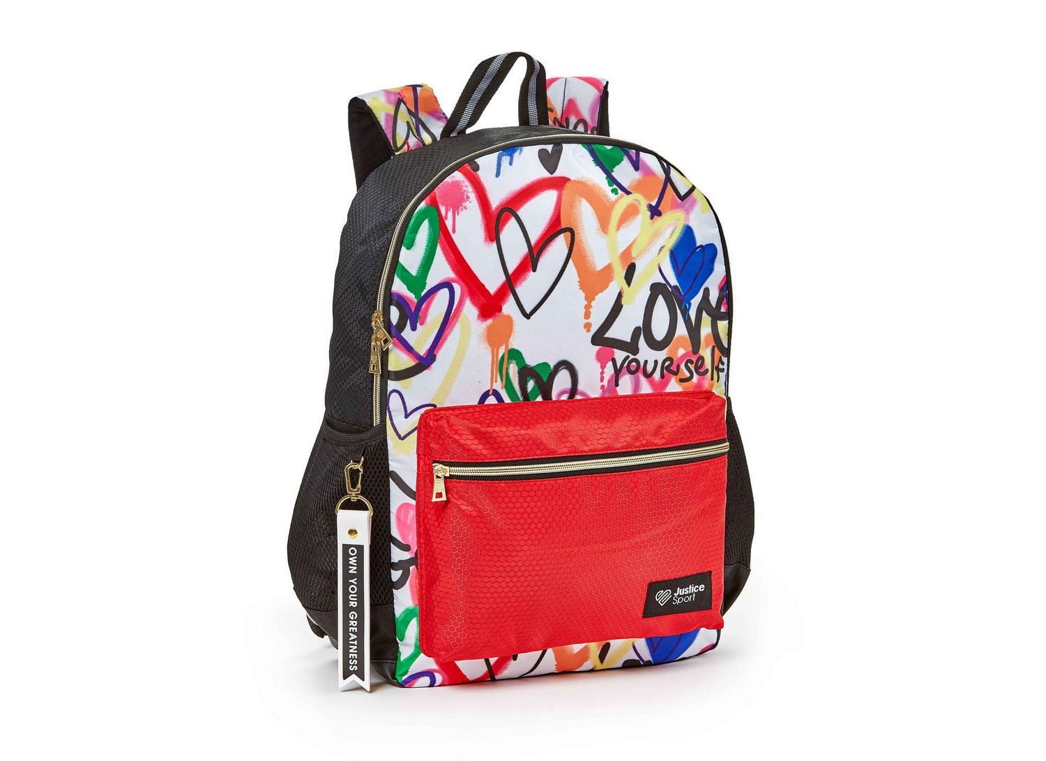 Justice™ Brand Girls Tie Dye Heart Printed Nylon Multi Compartment Backpack 17” Backpack with Texture Rubber Embossed Keychain