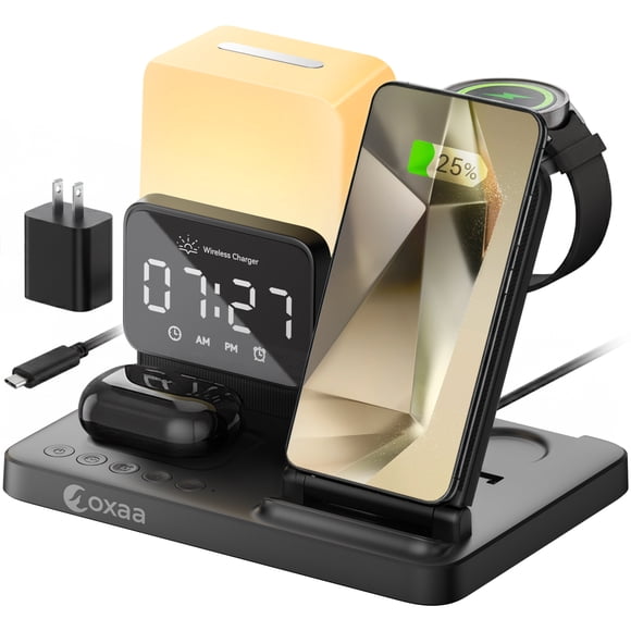 OXAA Support de Recharge Sans Fil 6-en-1 avec Réveil et Veilleuse pour Téléphones Samsung Galaxy, Montre et Écouteurs – Chargeur Sans Fil Rapide avec Adaptateur 45 W