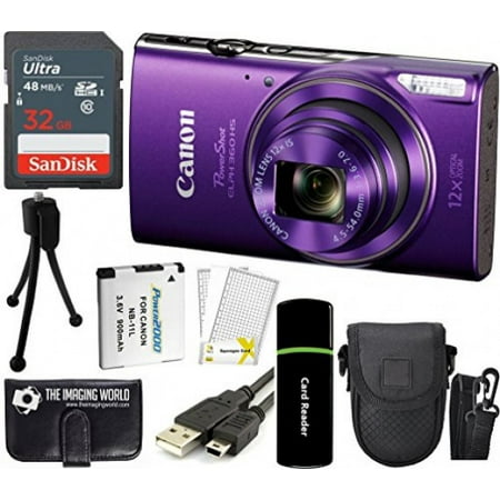 Canon PowerShot ELPH 360 HS 20.2MP 12x Zoom Full-HD 1080p Wi-Fi Digital Camera (Purple) + SanDisk 32GB Card + Reader + Spare Battery + Case + Accessory