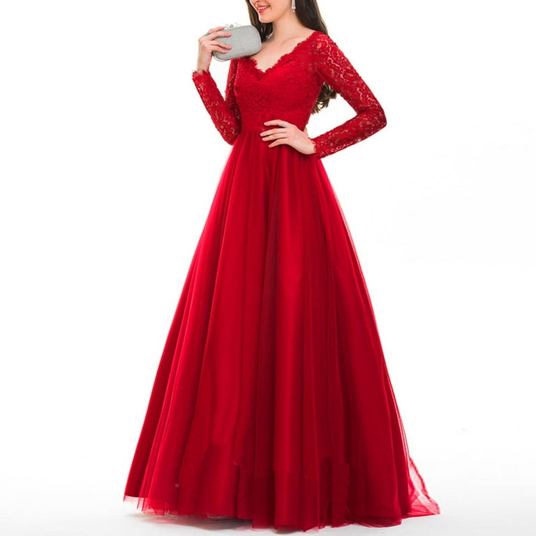 knee length dresses for ladies Wine Red Ball Gown Prom Dresses Lace Long Sleeves main image 1