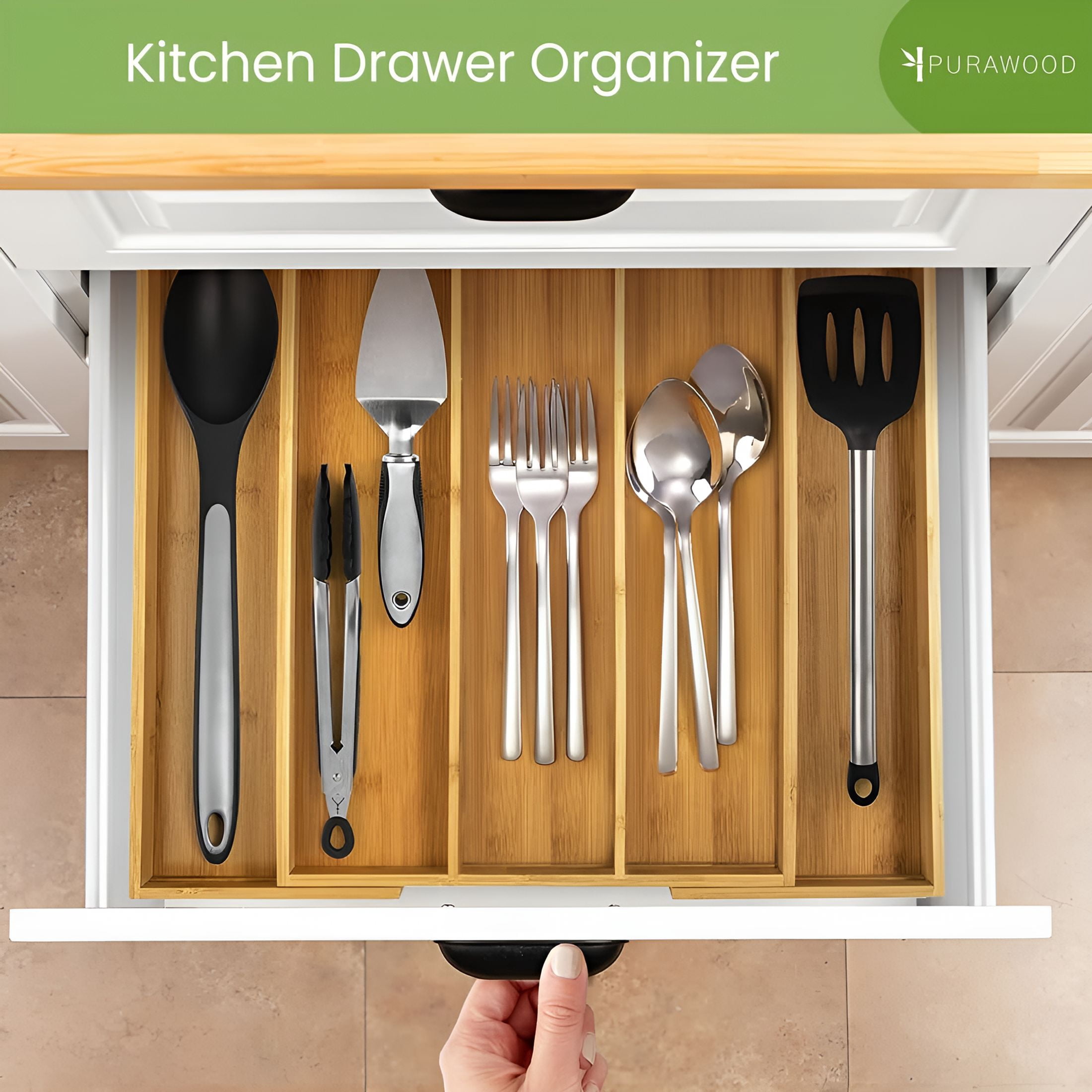 ACDANC Kitchen Drawer Organizer - Expandable Utensil Drawer Organizer for Kitchen,Cutlery Tray & Silverware Organizer,3-5 Slots - Bamboo Organizer for Utensils & Flatware (Natural)