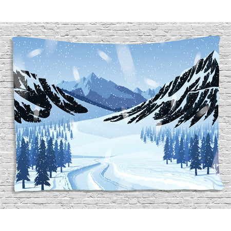 Northwoods Tapestry, Highlands Landscape with Mountains and Forest in a Blizzard Icy Roads, Wall Hanging for Bedroom Living Room Dorm Decor, 60W X 40L Inches, Baby Blue Black Blue, by