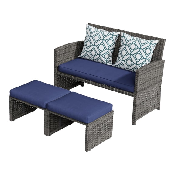 Outdoor Conversation Set 3 Pieces, PE Wicker Loveseat and Ottoman Combo for Patio Porch Deck, Gray Rattan with Navy Blue Cushions