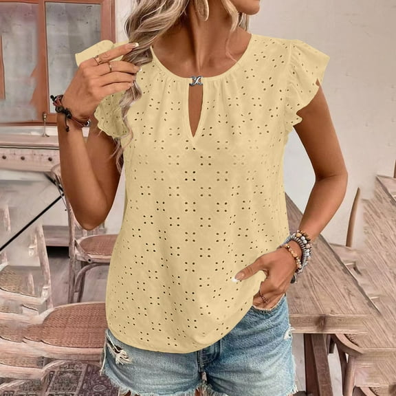 Dealovy Summer Tops for Women Keyhole Neck Ruffle Cap Sleeve Eyelet Tops Beach Vacation Comfy Tee