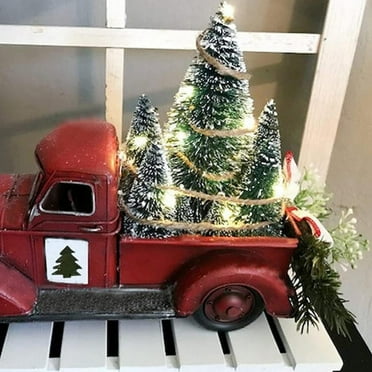 BOPORO Vintage Red Truck Rustic Christmas Table Decoration Pickup Truck Car with Lighted Mini Christmas Tree Country Christmas Tabletop Decor