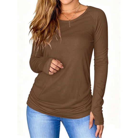 Women's Long Sleeved Thumb Hole T-Shirt Crew Neck Plain Shirts Casual Ruched Tee Tops