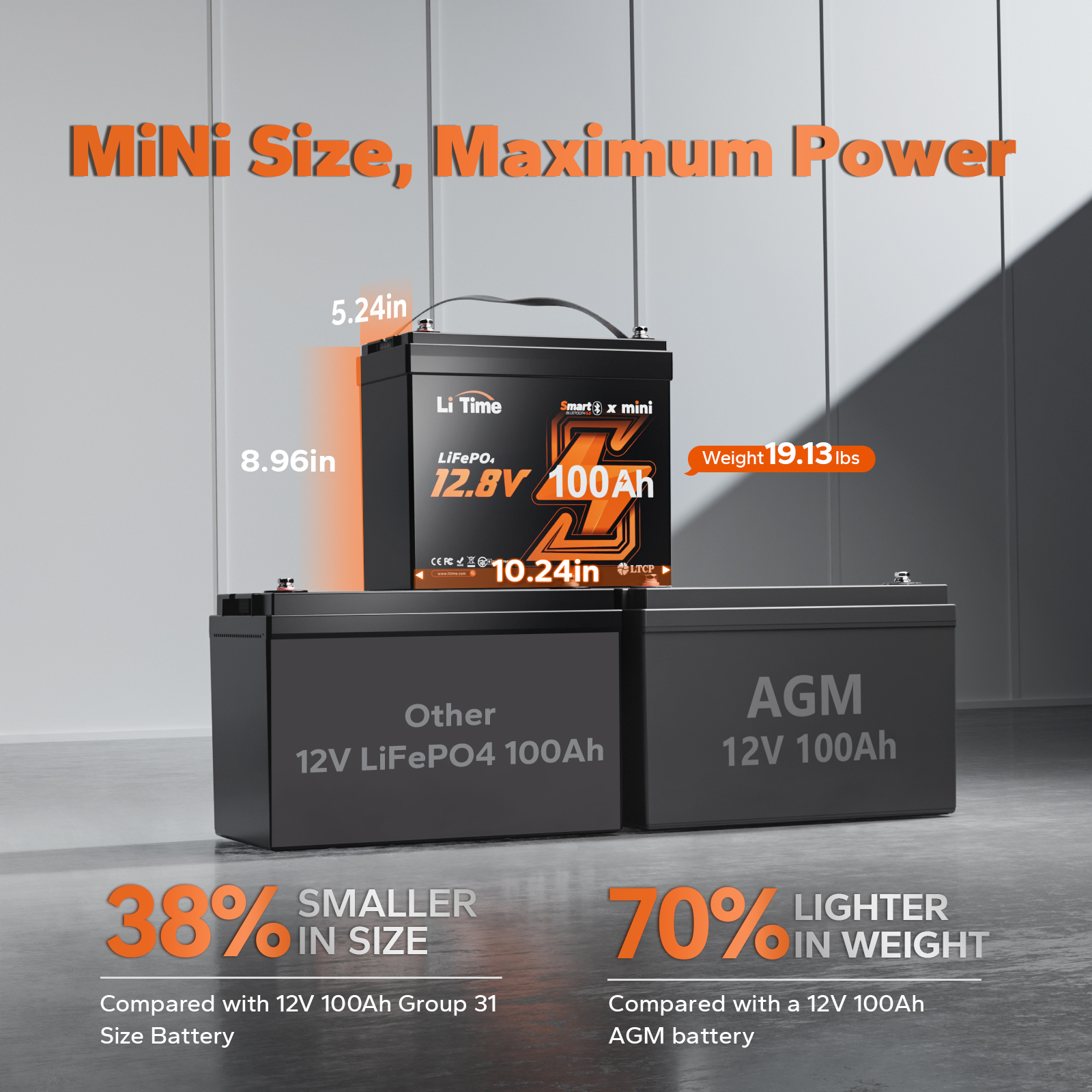 LiTime 12V 100Ah MINI LiFePO4 Battery 100A BMS Bluetooth Lithium Battery for RV Travel Trailers