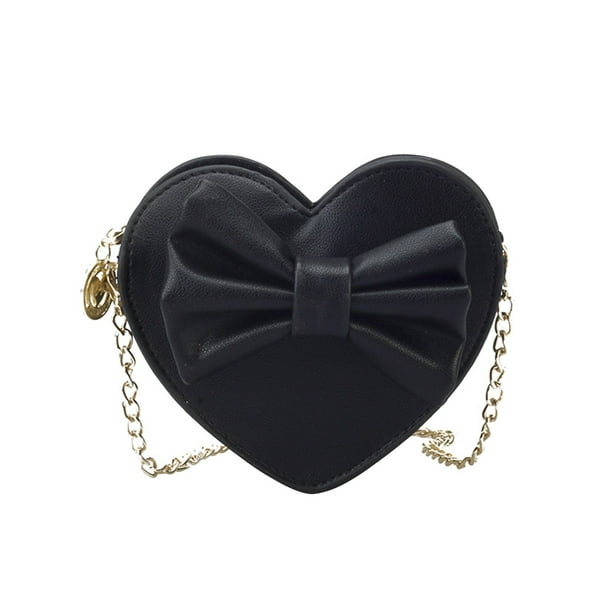 BRIGHTFUFU Bolso bandolera de piel sintética con lazo en forma de corazón para niñas pequeñas (negro)