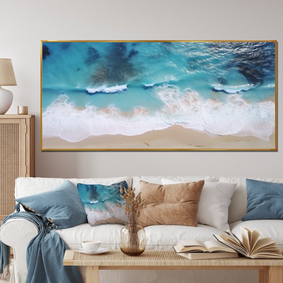 Designart "Aerial View Waves of White and Blue I" Extra Large Coastal Framed Wall Art - Coastal Blue Coastal Beach Entryway Framed Wall Art Print