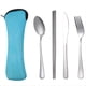 thumbnail image 1 of Juego de 4 Piezas de Vajilla Portátil de Acero Inoxidable, Cuchara, Tenedor, Cuchillo para Carne, Cubiertos de Viaje, Vajilla con Bolsa, Azul, 1 of 5