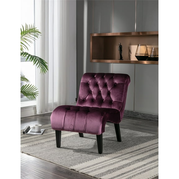 Armless Accent Chairs, Modern Button Tufted Velvet Upholstered Lounge Chair with Curved Backrest and Solid Wood Legs, Comfy Single Sofa Chair for Bedroom Living Room Office, Purple