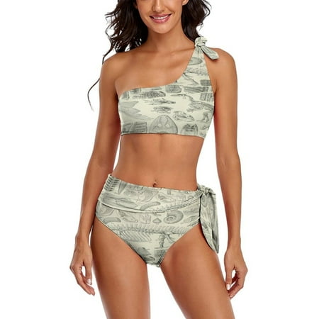 Fossil Chart One Shoulder Bowknot Swimsuit Two Piece Swimsuit Knot Crop Top Bikini High Waisted Bathing Suit