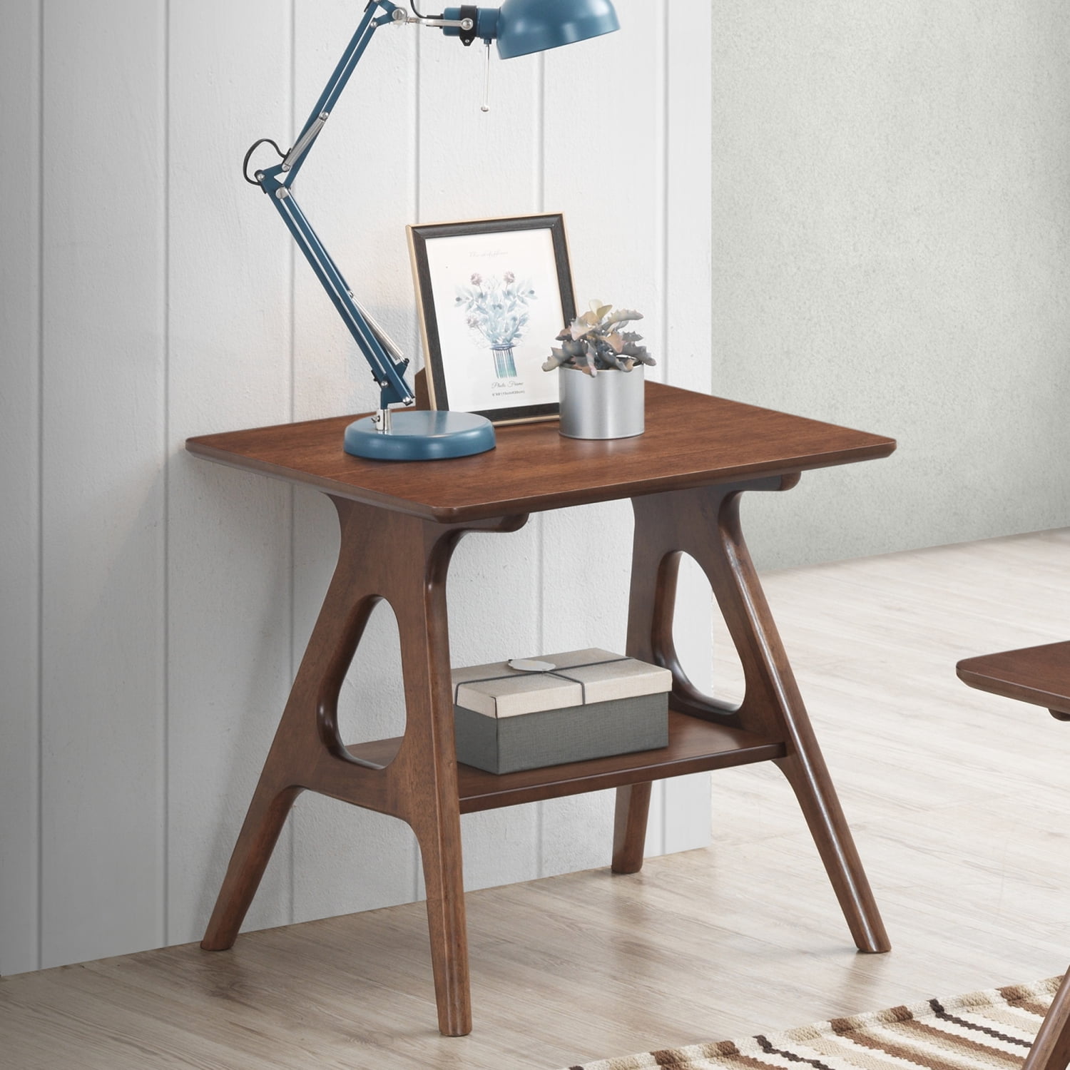 Arona Mid-Century Modern Wood End Table with Shelf Storage Accent Table for Living Room, Bedroom, Walnut Finish