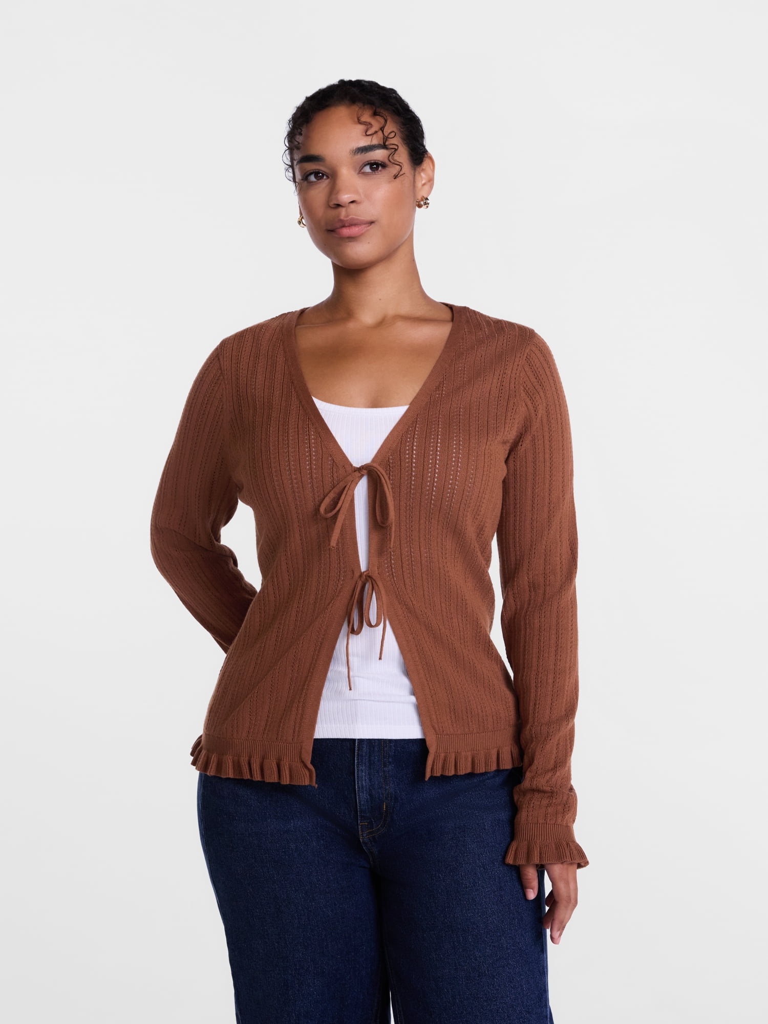 Scenario Women's Eyelet Tie Front Cardigan, Lightweight, Sizes XS-XXXL