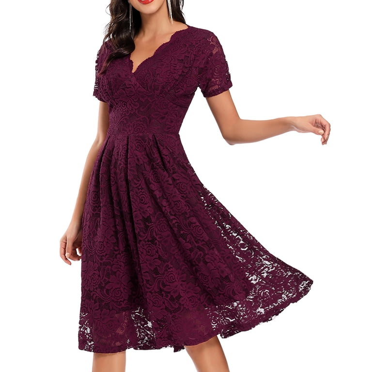 Dailytrove Women's Lace-Trimmed Midi Dress-Short Sleeve-Fit & Flare-Polyester Blend-For Date Night/Party-Delicate Lace Trim, Size: DT-Medium
