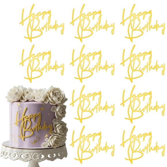 Adorno para tartas Matwsec, acrílico dorado, feliz cumpleaños, 10 unidades